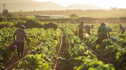Migrant workers in a field with harsh working conditions, highlighting their exploitation