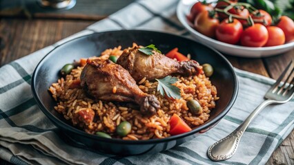Fototapeta premium Ghanaian Jollof Rice Spiced tomato rice cooked with chicken and vegetables.