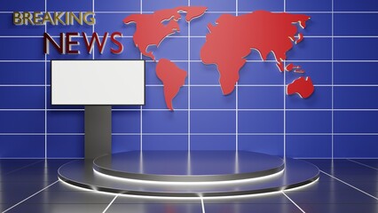 stand with world map and led screen background in the news studio room.3d rendering.