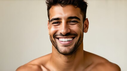 Fototapeta premium Smiling beautiful European man on light background with empty space from left