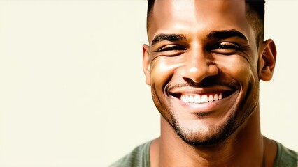 Smiling beautiful man on light background with empty space from left