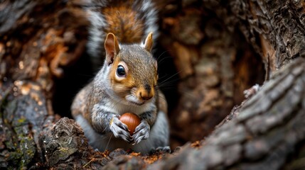 Obraz premium Adorable squirrel nestled inside a tree nest holding an acorn, looking upwards, showcasing wildlife in its natural habitat. Captured with sharp focus on the details of the forest environment.
