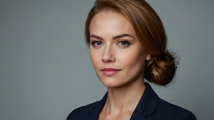 Fototapeta premium Middle aged woman hair pulled back into a fashionable bun slight smile on face classic suit