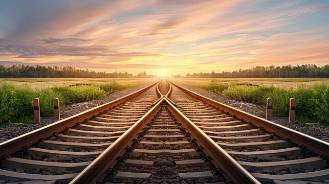 A view down the middle of train tracks as they split at a crossing. The tracks are surrounded by gravel and grass