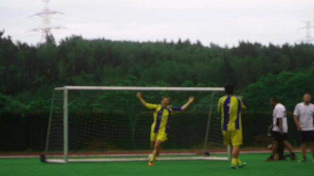 an amateur football match. a football player scores a goal. the goalkeeper misses the ball. blur