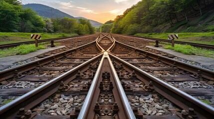 Obraz premium A view down the middle of train tracks as they split at a crossing. The tracks are surrounded by gravel and grass