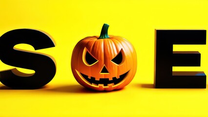 Letters “SALE” with Jack-o-lantern between them on yellow background 