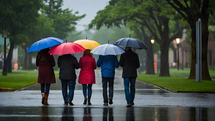 Group of friends walking in the rain with colorful umbrellas