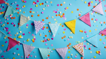 Fototapeta premium Colorful bunting flags and confetti. Perfect for birthday or celebration themes.