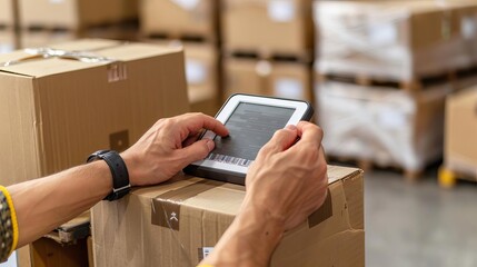 Detailed close-up of hands scanning barcodes on packages with a handheld device, procurement technology, precision in logistics