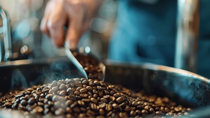 A close-up of a hand scooping freshly roasted coffee beans from a large, steaming container, capturing the richness, aroma, and texture of the beans, ideal for coffee lovers.