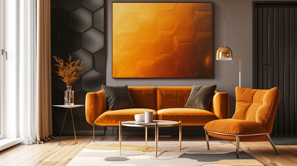 Stunning Abstract Illustration of an Orange and Gold Geometric Honeycomb Pattern for Modern Interior Decor