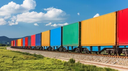 Obraz premium Freight train moving through a rural landscape with colorful containers, shipping transit, efficient rail logistics