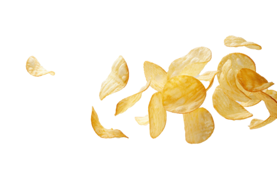 Flying potato chips, advertising banner template. 
