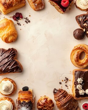Assorted delicious pastries and desserts forming a border on a light marble background. Perfect for bakery promotions or menus.