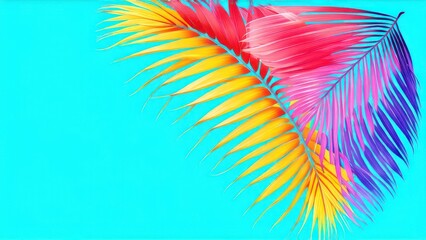 Multi-colored palm leaves on the blue background