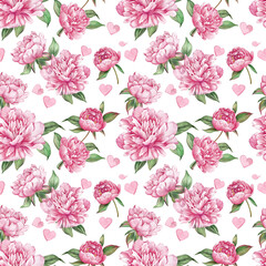 Obraz premium Watercolor seamless pattern with pink peonies and hearts isolated on white background.