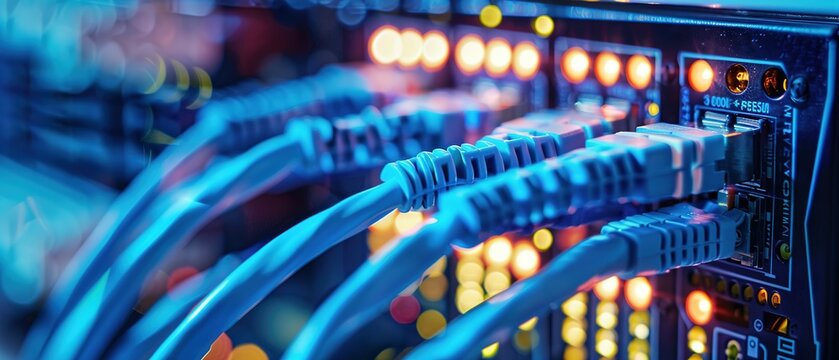 Ethernet cables connected to a network switch with blurred background