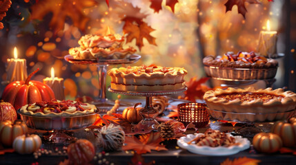 Naklejka premium Autumn-themed table setting with assorted pies, pumpkins, candles, and fall decorations