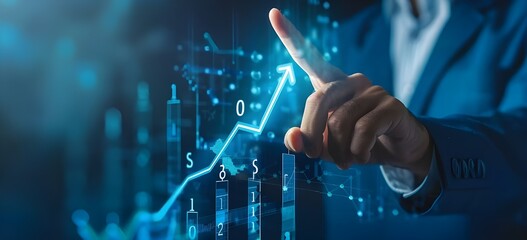 Businessman touching a rising arrow with an upward trend on a virtual screen, representing growth and success in business or relating to the stock market.
