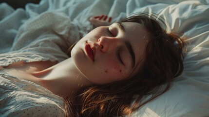 Naklejka premium A woman lies in bed with her eyes closed, resting peacefully