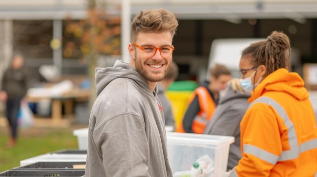 Volunteers at a park cleanup event sorting collected plastic waste into different recycling bags and bins.