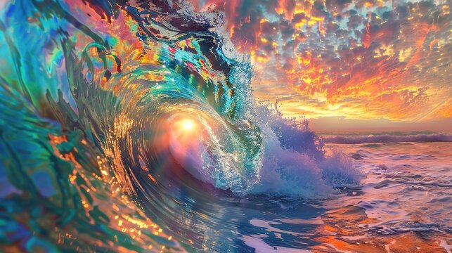 Sunset Sun Shining through Spiral Hole in Wave amidst Iridescent Rainbow-Colored Ocean