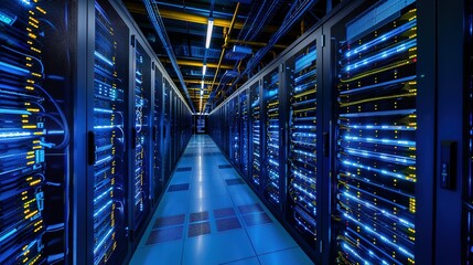 Fototapeta premium Futuristic glowing blue server room with bright lights