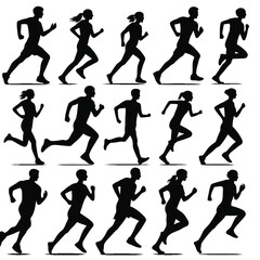 various running poses in black and white silhouette