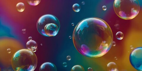 colourful soap bubbles floating on a colorful colorful background. AI generated.