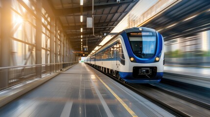 Fototapeta premium A modern, silver and blue train speeds through a station platform on a bright, sunny day.