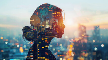 Double exposure of a woman's silhouette with a cityscape and data visualization elements at sunset