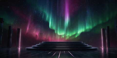 Dazzling aurora background with a sleek dark podium creating a mesmerizing scene for showcasing exclusive and luxury products. AI generated.