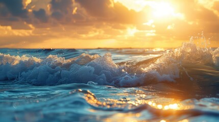 Sunlight shining on ocean waves and horizon with copy space