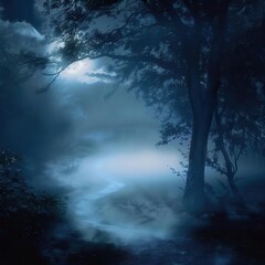 mystical forest scene with ethereal fog illuminated by moonlight creating a dreamlike atmosphere with silhouetted trees and a winding path disappearing into darkness