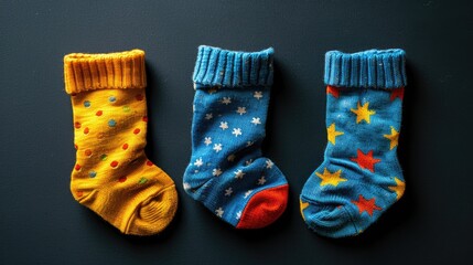 Three sets of infant socks against a dark backdrop