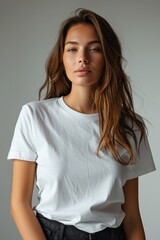 Fototapeta premium White tshirt mockup on woman model created with Generative AI