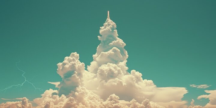 Majestic tower of clouds reaching into the sky, showcasing dramatic and towering cumulus formations in a blue, serene atmosphere