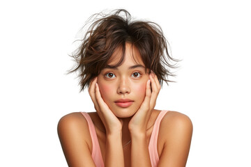 Fototapeta premium Woman with Messy Short Hair and Peach Top on Transparent Background