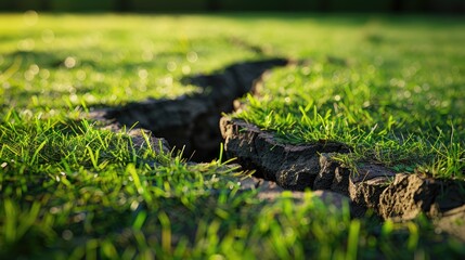 Concept image of radon gas escaping from crack in green lawn