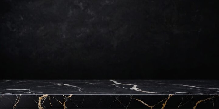 empty black marble table on black background, backdrop with copy space.