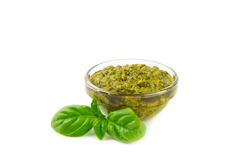 Pesto. Italian basil pesto sauce isolated on white background. Ingredient for pesto sauce: fresh...