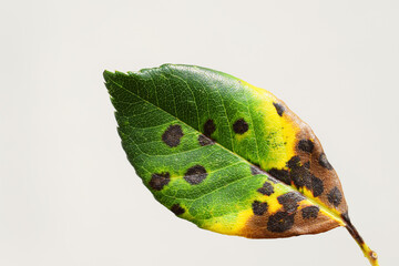 Rose leaf with symptoms of fungal disease, close up view. Black spot of rose, disease caused by...