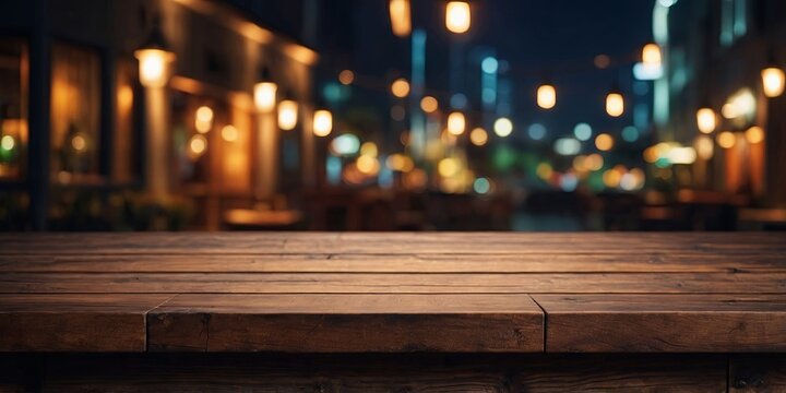Empty wood table top for product presentation, night party blurry background. AI generated.