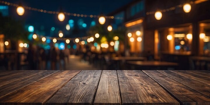 Empty wood table top for product presentation, night party blurry background. AI generated.