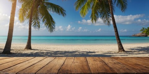 Empty wooden table top with blurred tropical beach background for product display and summer vacation concept. AI generated.