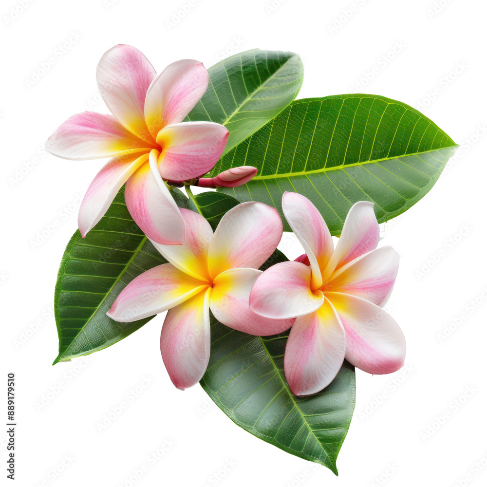 Wall mural frangipani plumeria flower and leaves  on transparent background.