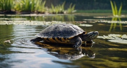 Fototapeta premium Mary River Turtle swimming in the pond during the day.