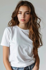 Fototapeta premium White tshirt mockup on woman model created with Generative AI