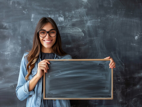 Smile woman teacher standing with empty blackboard.